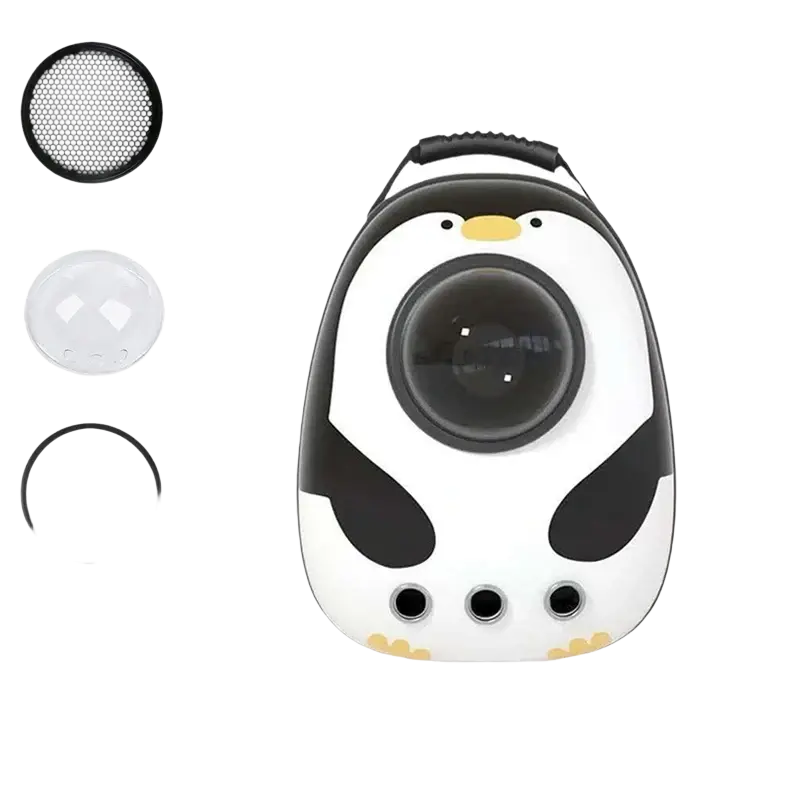 Black and white penguin travel puppy cat backpack with clear dome window and yellow accents for outdoor travel puppy cat use