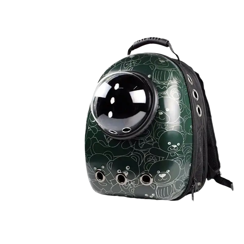 Dark green travel puppy cat backpack clear dome carrier with transparent dome white teddy bear illustrations and black straps