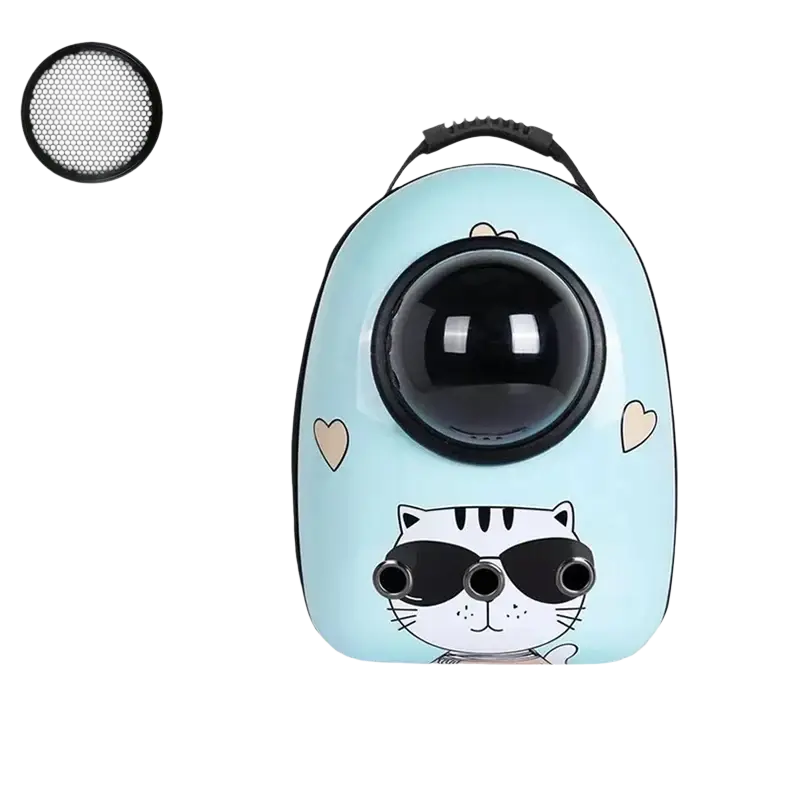 Light blue travel puppy cat backpack clear dome carrier with cartoon cat sunglasses heart decals and black circular viewport