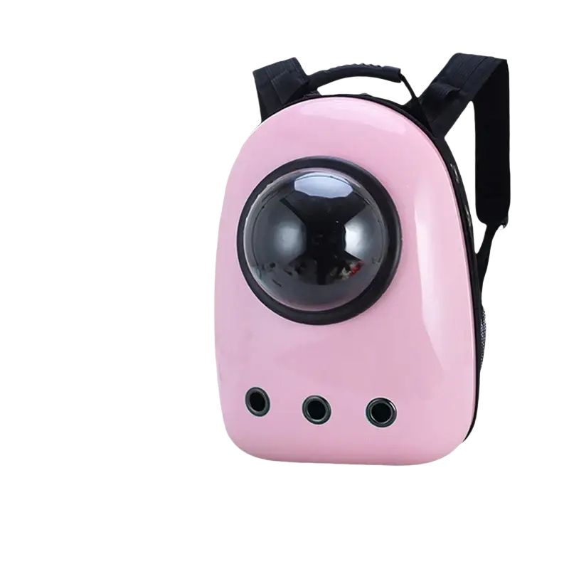 Pink astronaut-style puppy cat travel backpack with clear dome carrier black viewport and adjustable shoulder straps