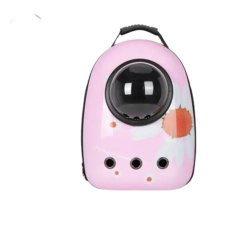 Pink astronaut-themed travel puppy cat backpack carrier with clear dome window black trim and floral decals