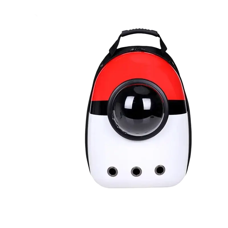Travel puppy cat backpack clear dome carrier with red and white poké ball design black circular viewport and handle