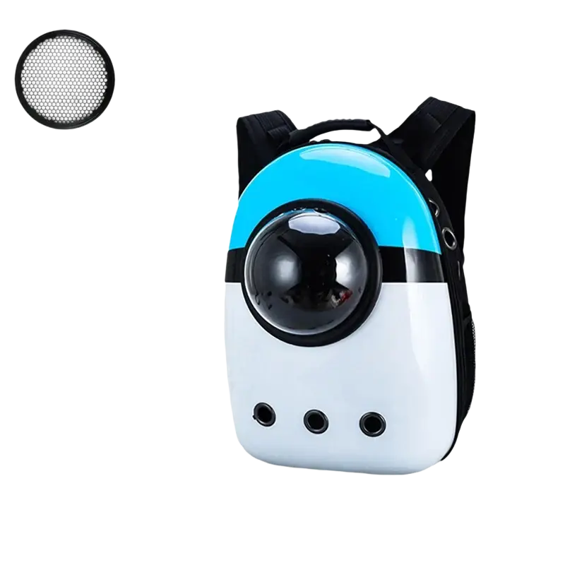 A sleek travel puppy cat backpack in vibrant blue and white with a large black dome window for outdoor travel puppy visibility