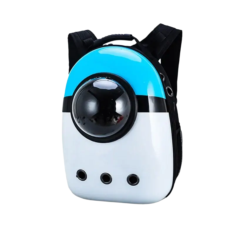 A sleek turquoise and white travel puppy cat backpack with a clear dome and sturdy black shoulder straps for outdoor travel puppy