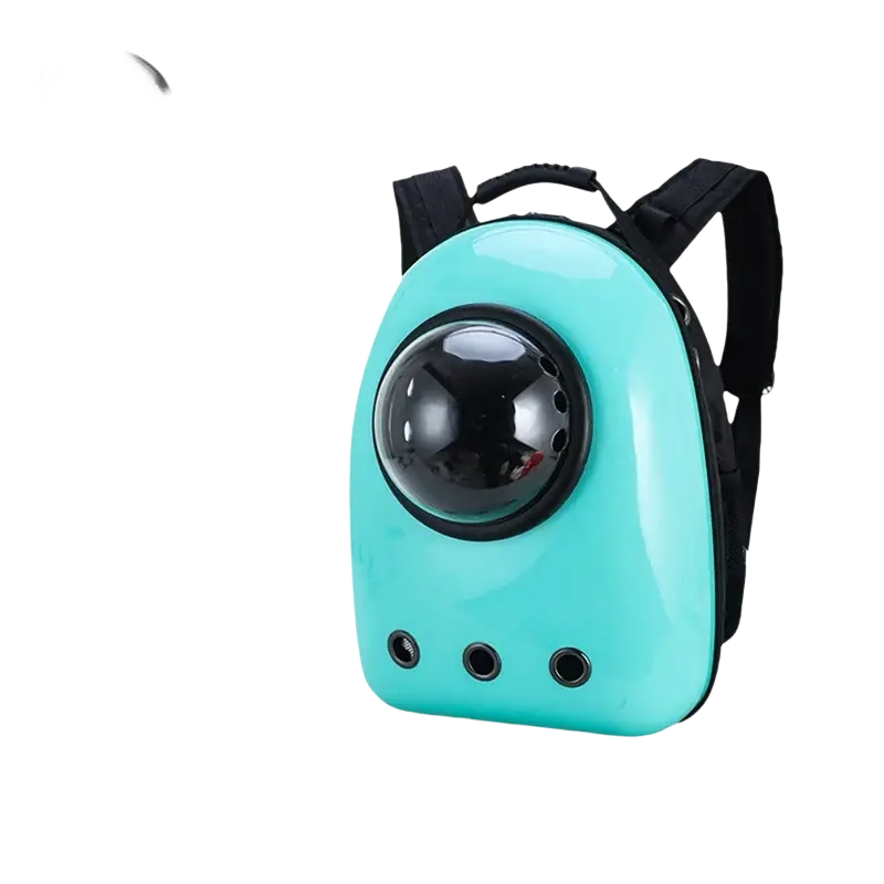 A sleek light blue travel puppy cat backpack with a transparent dome window and black straps for outdoor travel puppy use