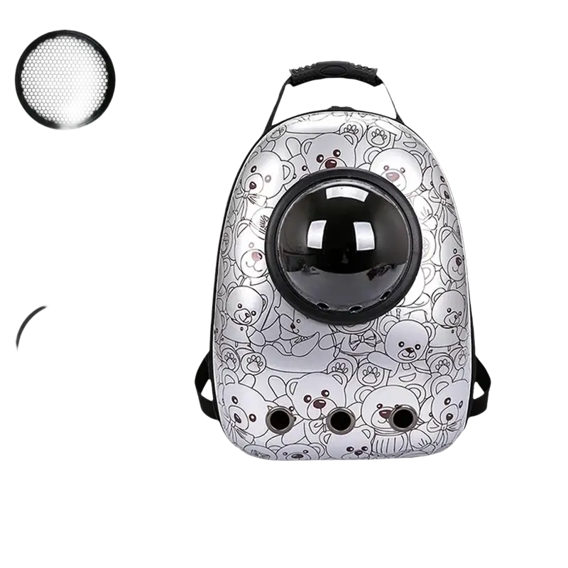 White travel puppy cat backpack with black teddy bear illustrations and clear dome window featuring adjustable straps