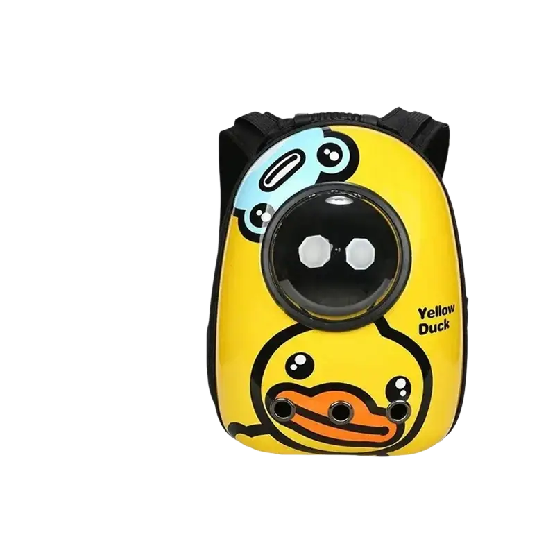 Yellow duck-shaped travel puppy cat backpack clear dome carrier with black straps and cartoon eyes for outdoor travel puppy