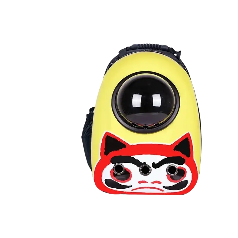 Yellow cat-themed travel puppy cat backpack with black circular viewport and red-black facial design for outdoor travel puppy