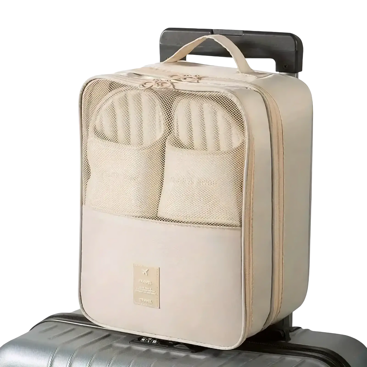 Beige travel shoe bag packing organizer with mesh compartments and top handle designed for luggage footwear storage