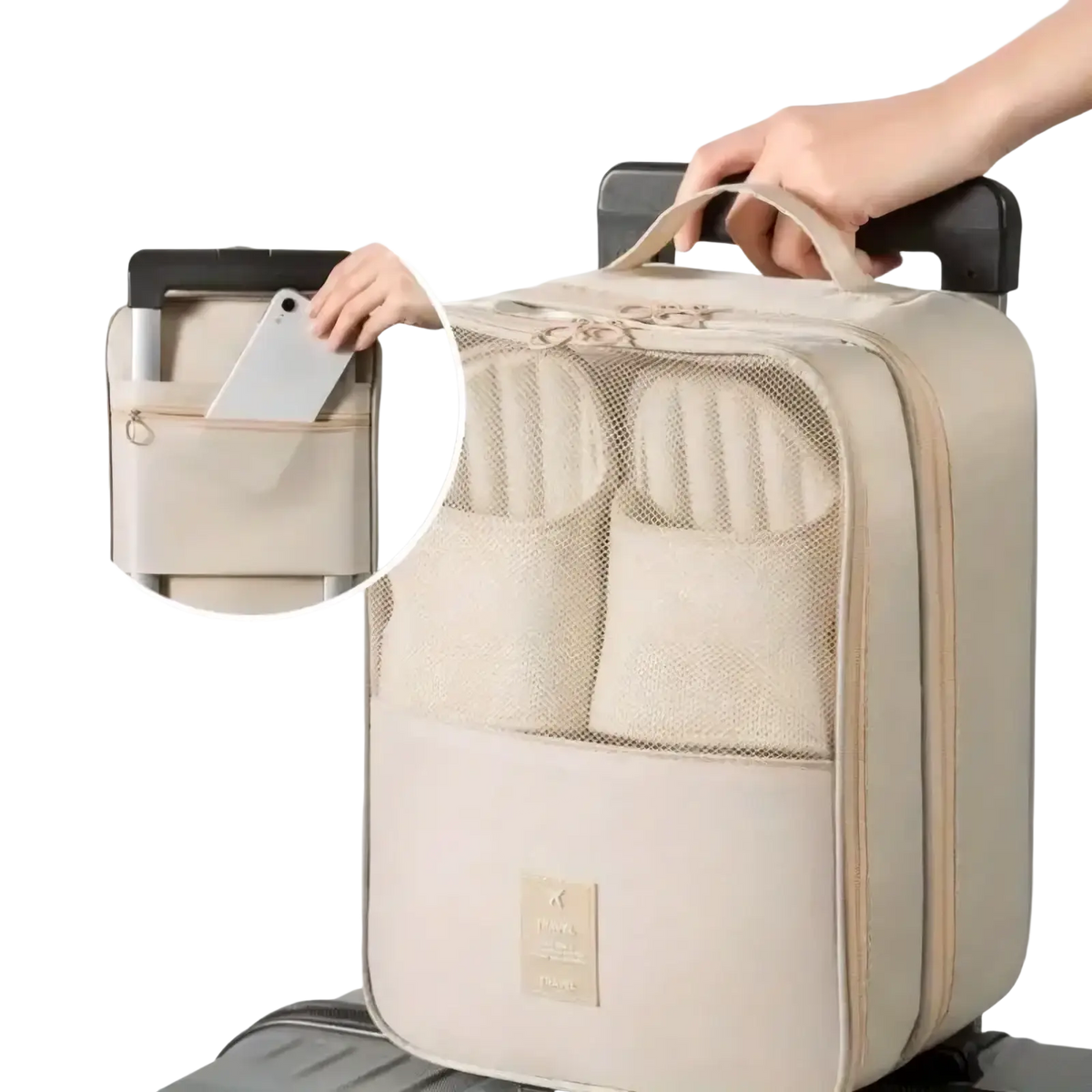 Beige travel shoe bag packing organizer with mesh compartments and top handle for luggage essentials