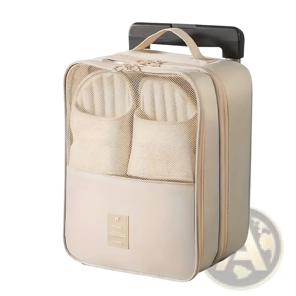 Beige travel shoe bag packing organizer with mesh compartments and top handle for efficient luggage packing