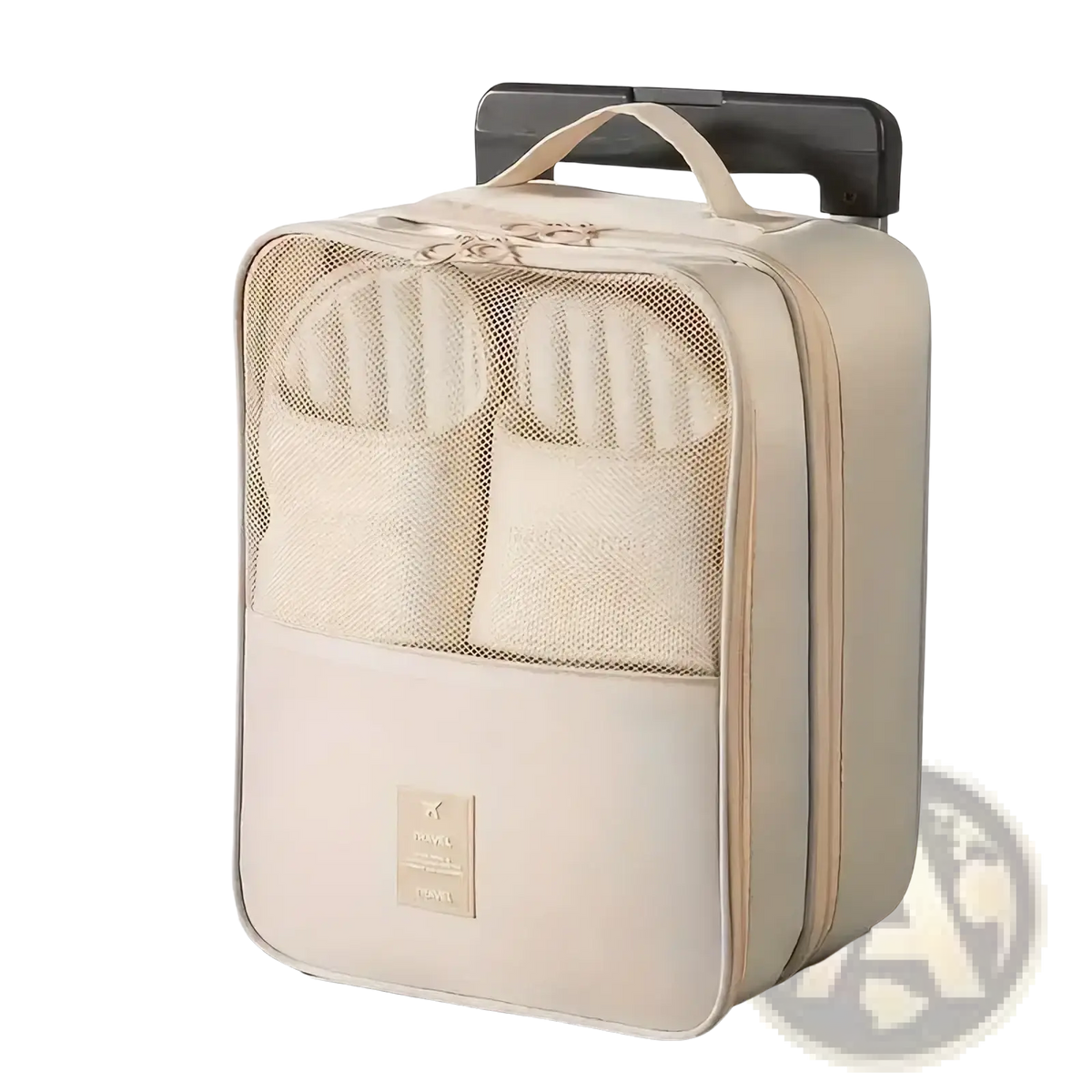 Beige travel shoe bag packing organizer with mesh compartments and top handle for efficient luggage packing