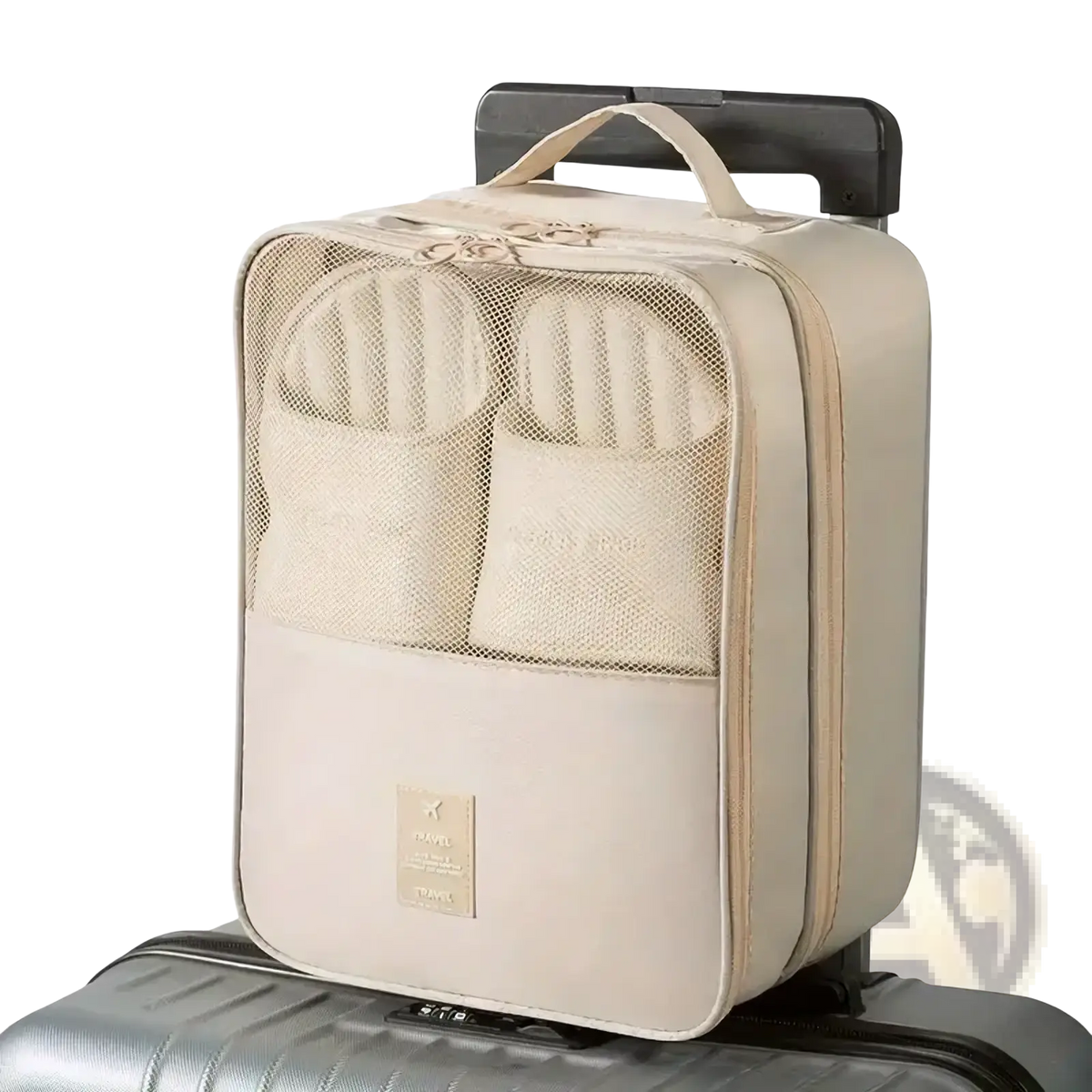 Beige travel shoe bag packing organizer with mesh compartments and top handle designed for luggage footwear storage