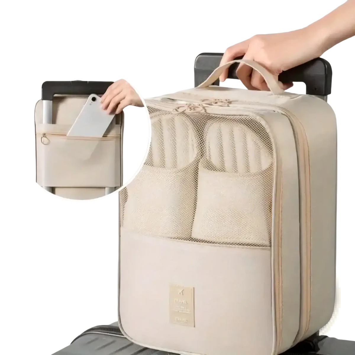 Beige travel shoe bag packing organizer with mesh compartments and top handle for luggage essentials
