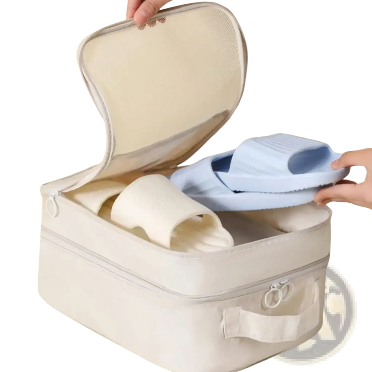 Beige mesh-top travel shoe bag with zipper closure and fabric handles for luggage packing organizer