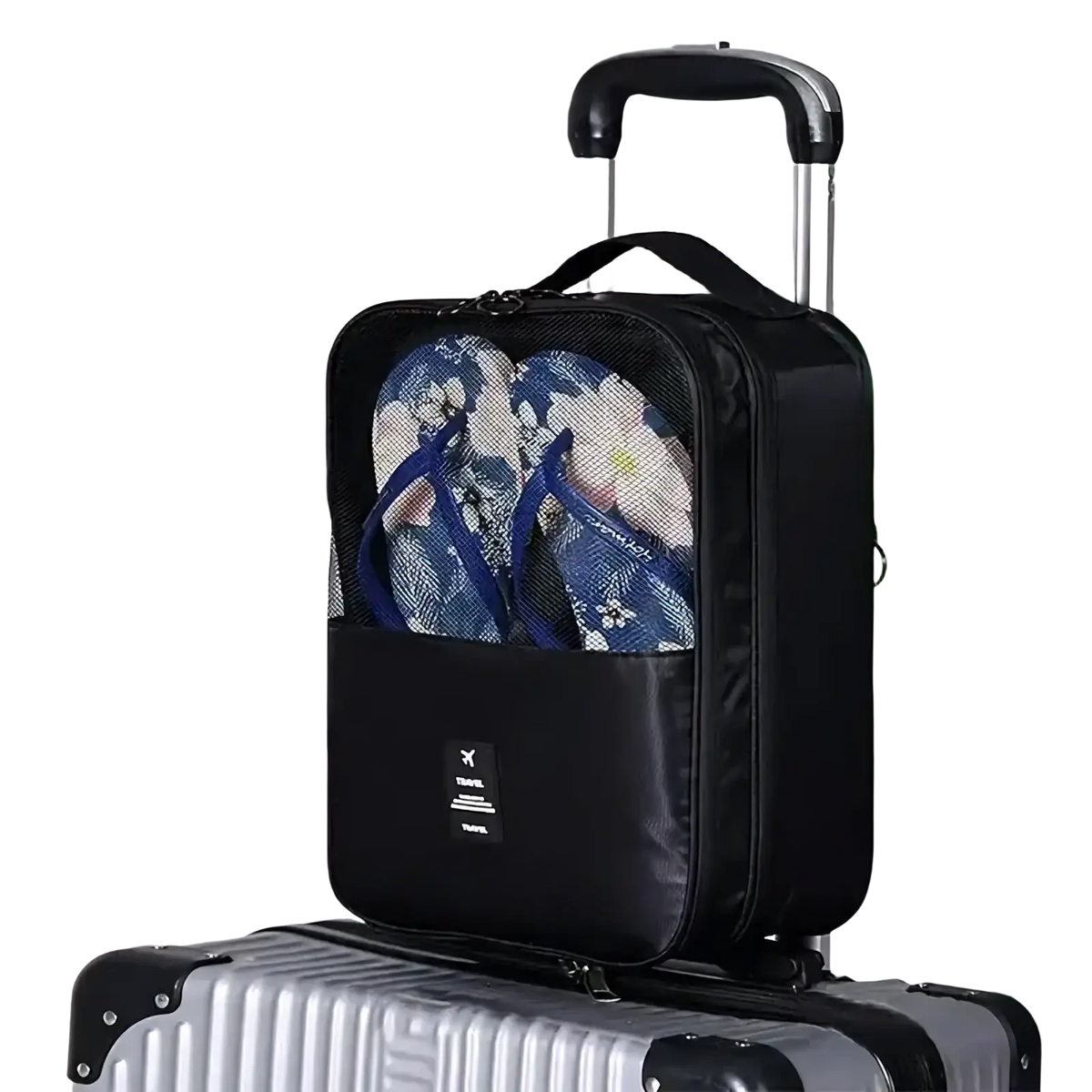 Black travel shoe bag packing organizer with mesh front pocket holding blue floral flip-flops for luggage use