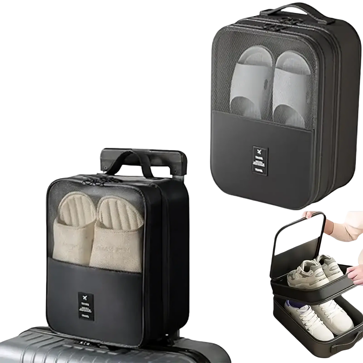 Black mesh travel shoe bag packing organizer with top handle and transparent front panel for luggage storage