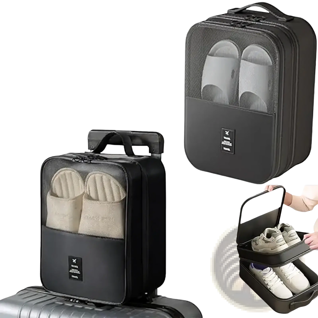 Black mesh travel shoe bag packing organizer with top handle and transparent front panel for luggage storage