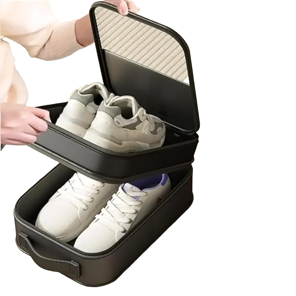 Black two-tier shoe storage box with transparent lid and handle travel shoe bag packing organizer for luggage