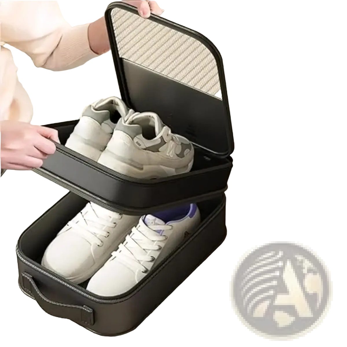 Black two-tier shoe storage box with transparent lid and handle travel shoe bag packing organizer for luggage