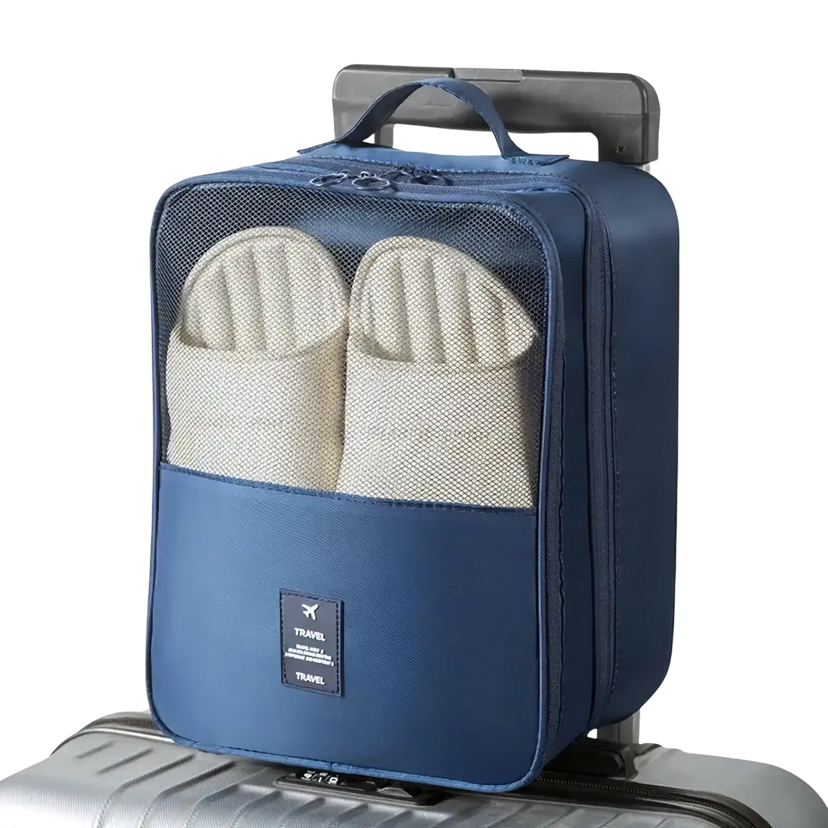 Blue mesh travel shoe bag packing organizer with top handle zipper closure and front pocket labeled travel for luggage use