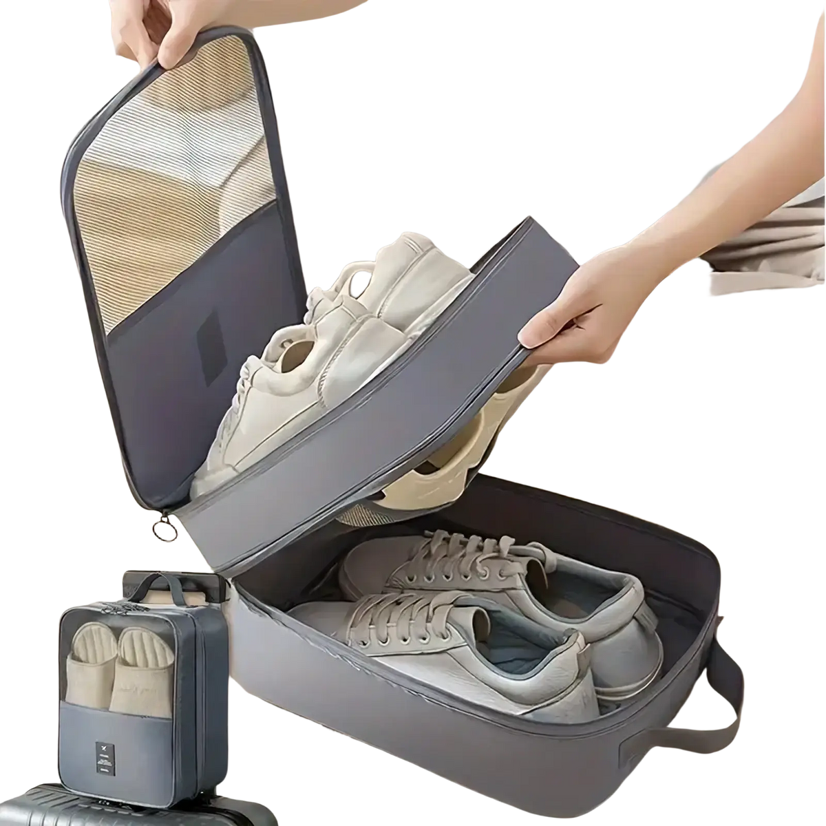 Gray fabric travel shoe bag packing organizer with mesh front panel and zipper closure for luggage storage