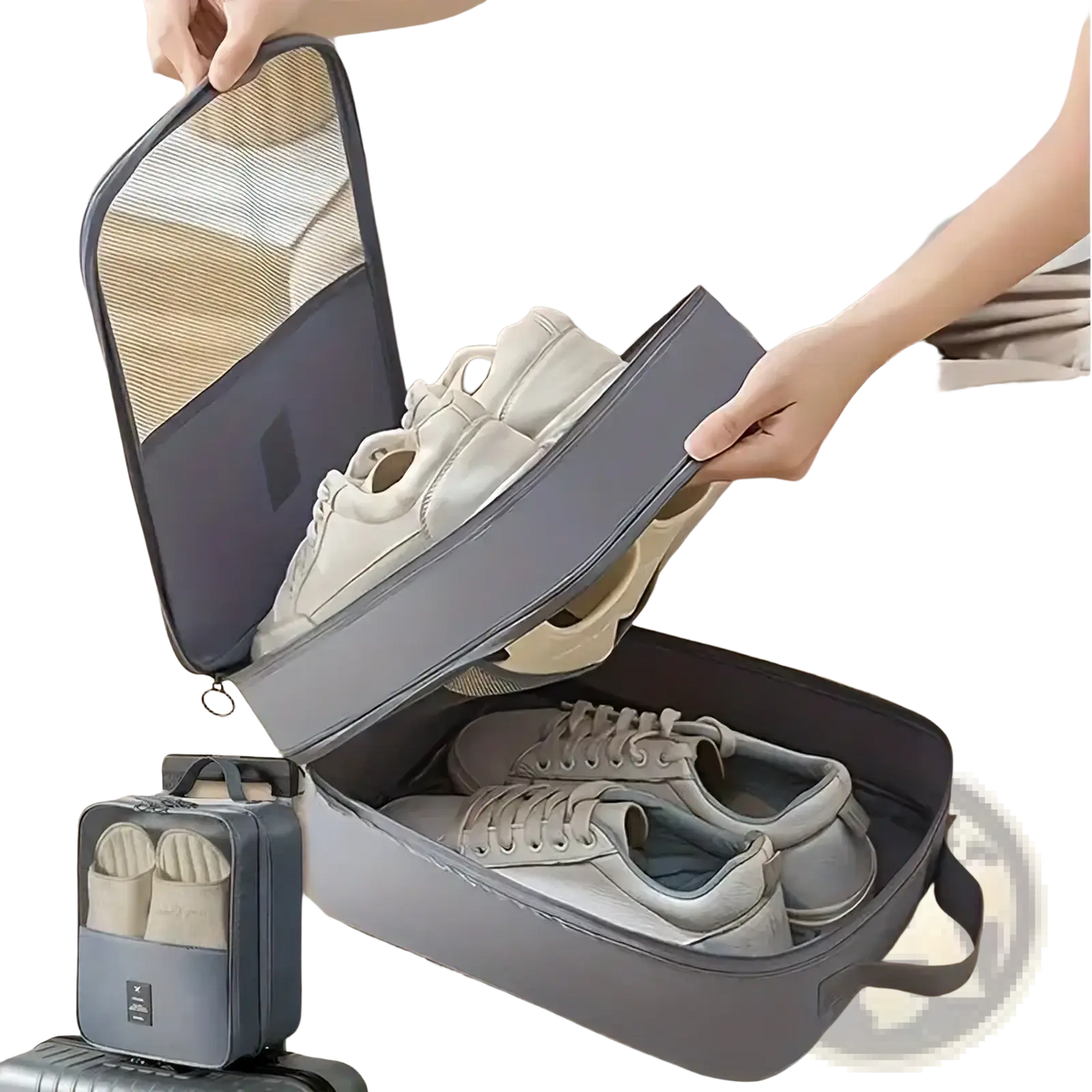 Gray fabric travel shoe bag packing organizer with mesh front panel and zipper closure for luggage storage