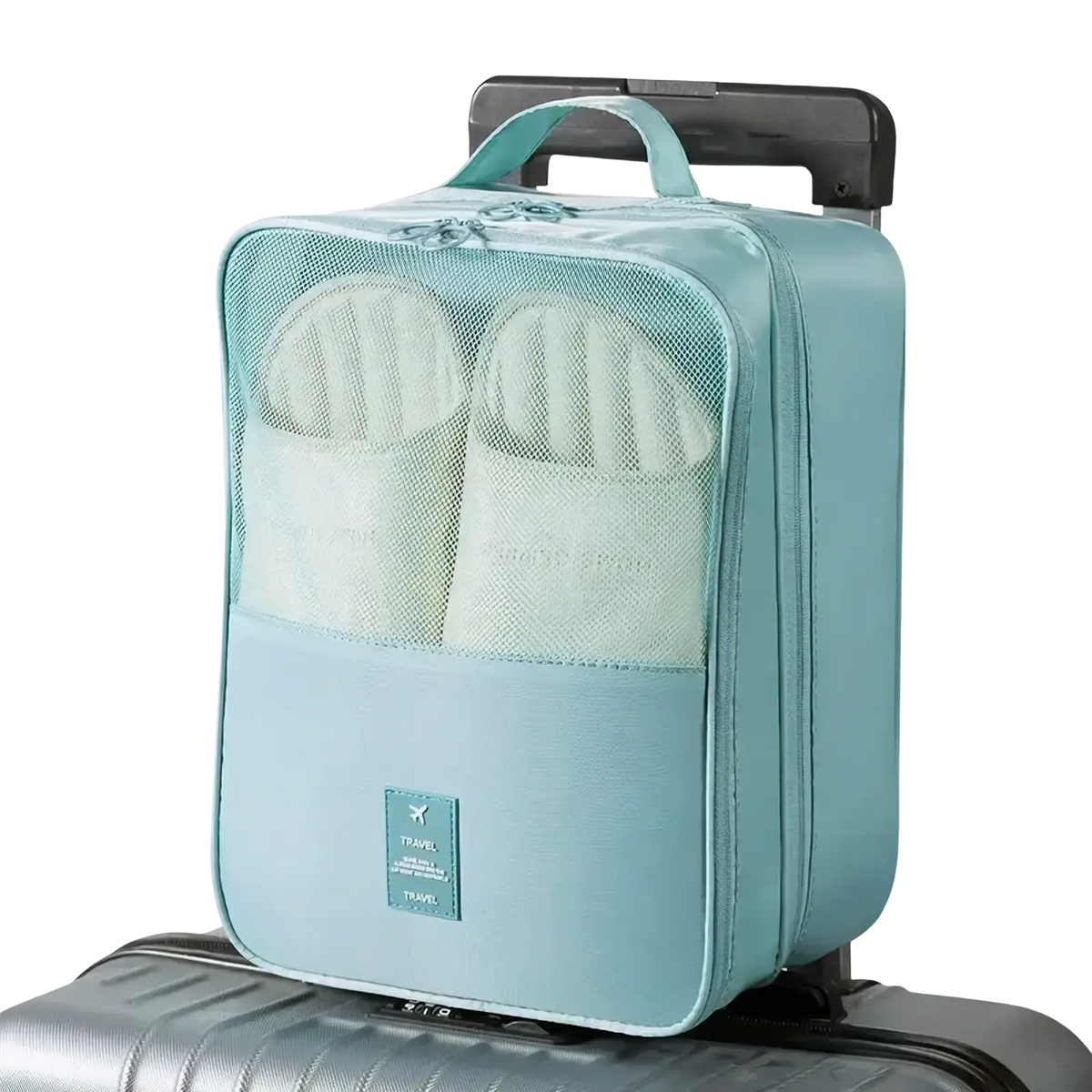 Light blue mesh and fabric travel shoe bag packing organizer with top handle for luggage and storage