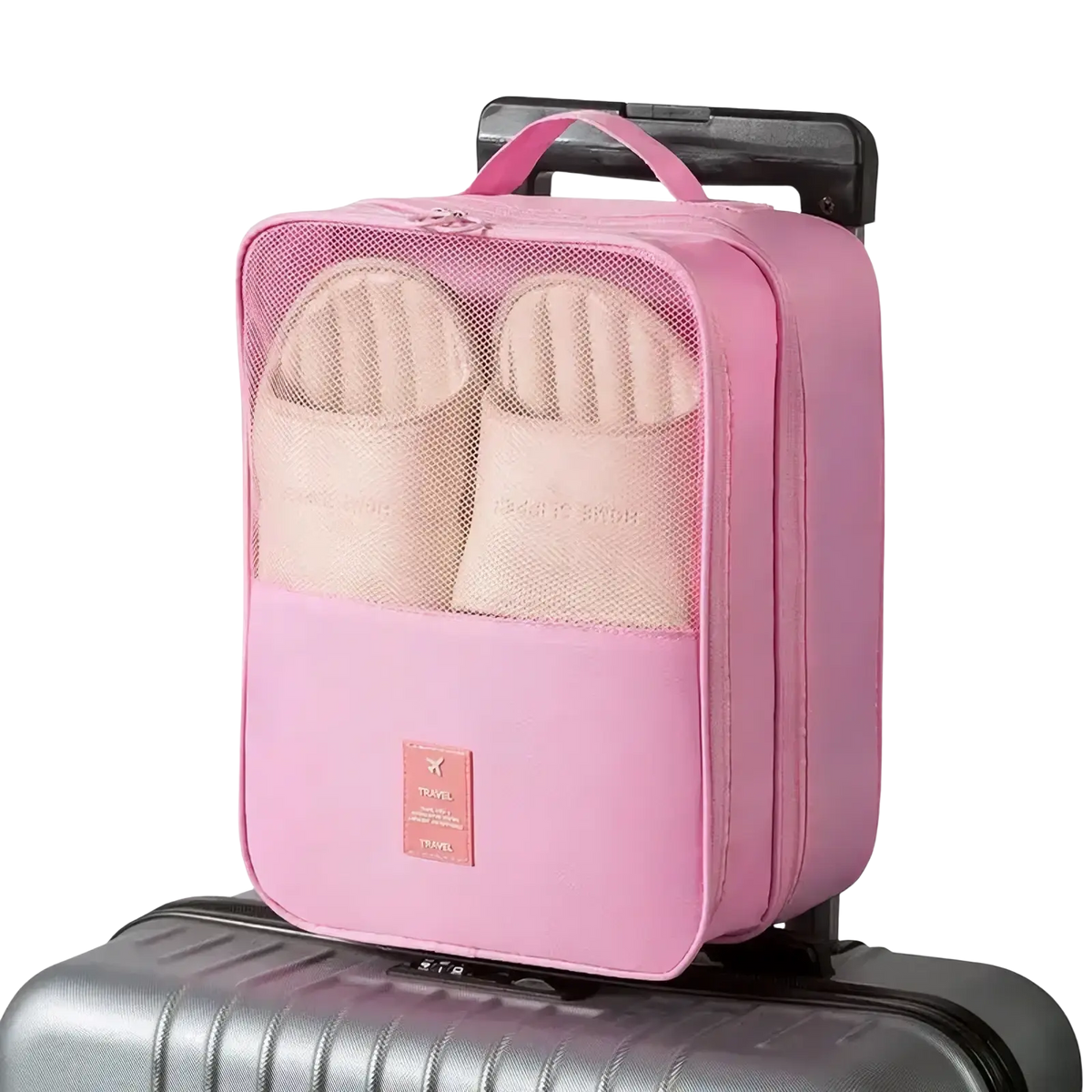 Pink mesh travel shoe bag packing organizer with solid base and top handle featuring a small brand label on front