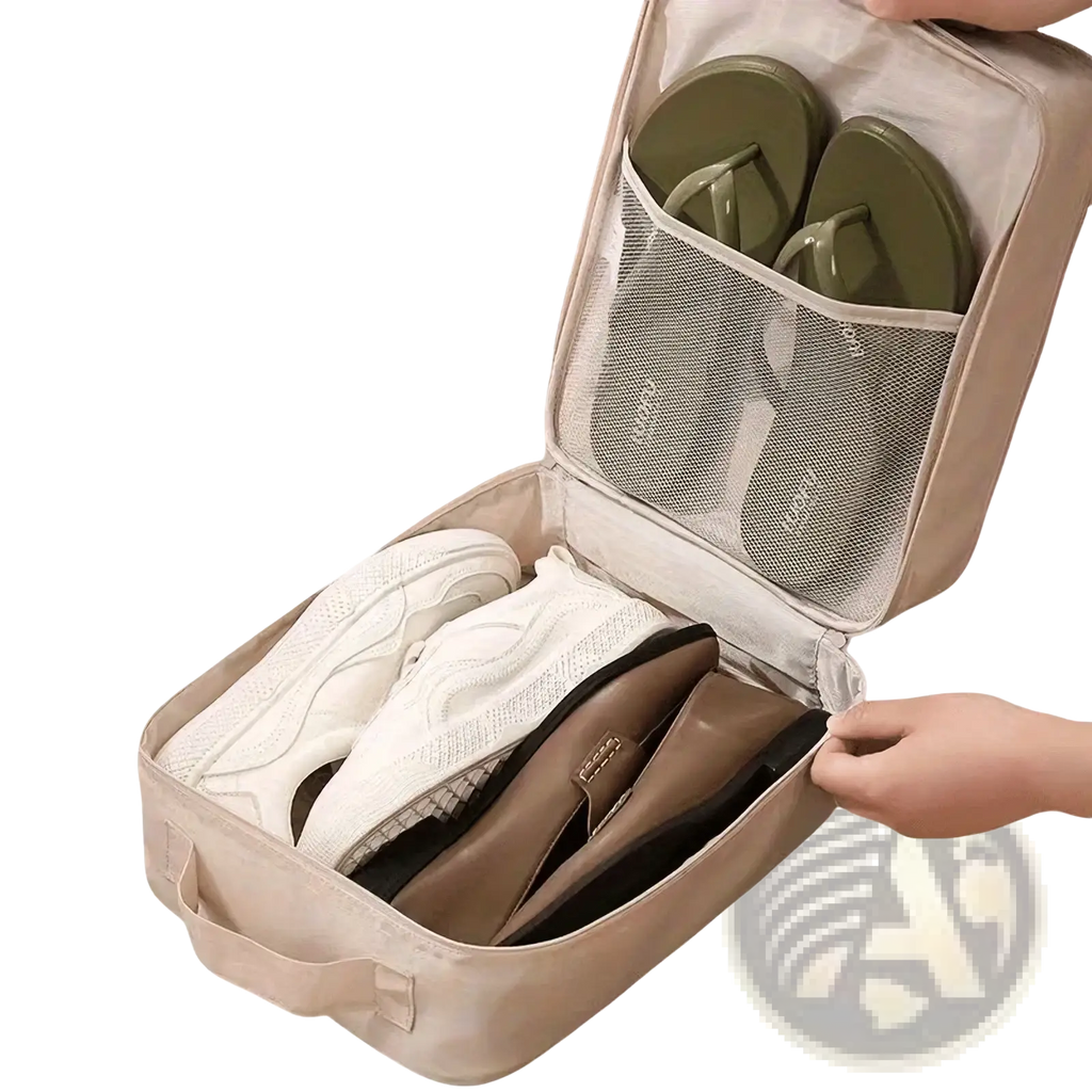 Beige travel shoe bag portable mesh organizer with mesh divider holding green flip-flops and white sneakers