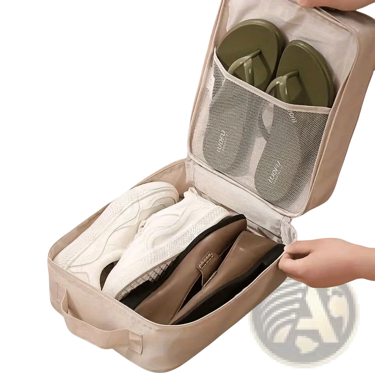 Beige travel shoe bag portable mesh organizer with mesh divider holding green flip-flops and white sneakers