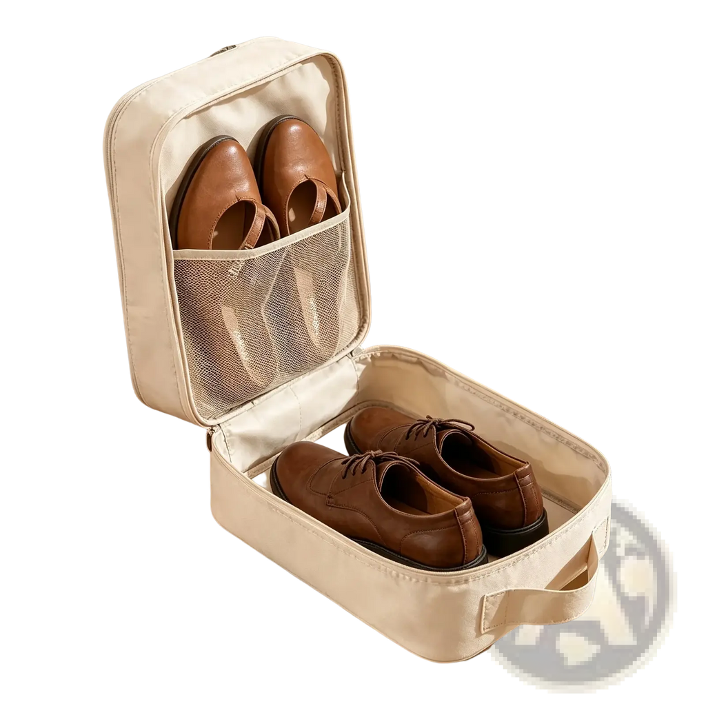 Beige fabric travel shoe bag with mesh side pocket and top handle holding two pairs of brown leather shoes