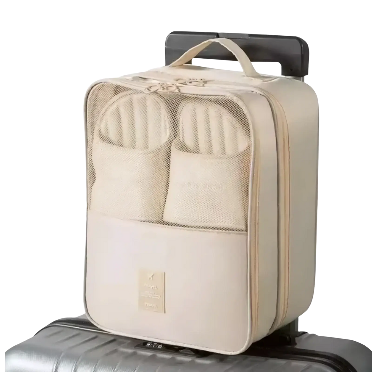 Beige mesh and fabric travel shoe bag with zippered compartments for portable shoe organization