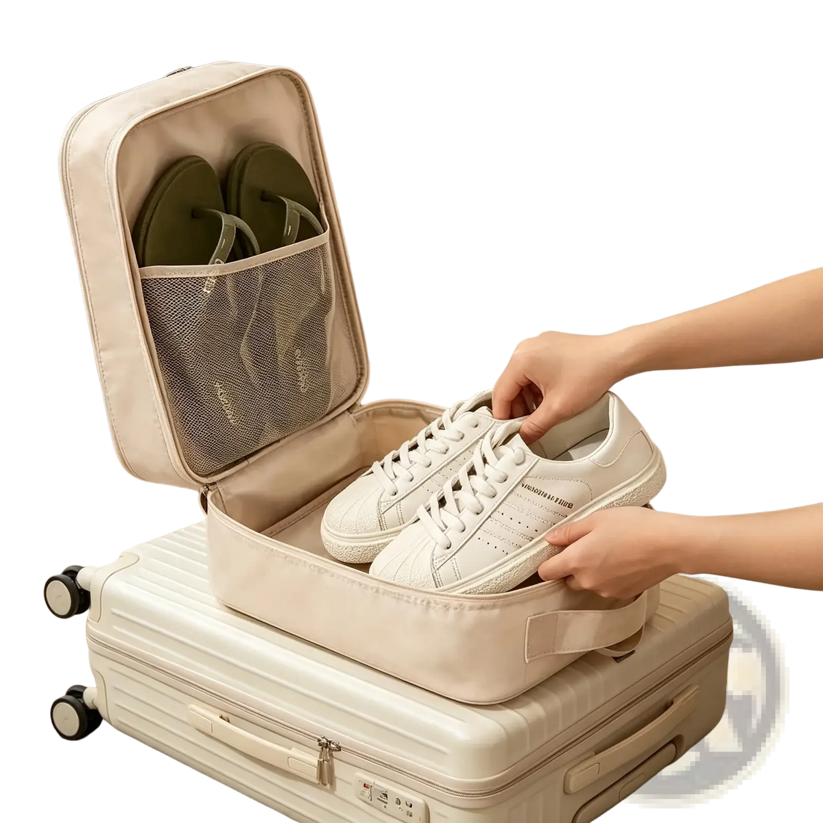 Beige fabric travel shoe bag with mesh pocket and zipper closure for portable shoe organization