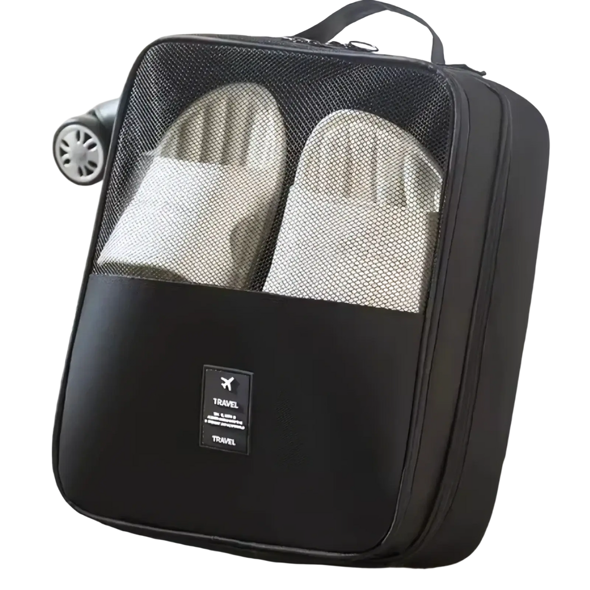 Black mesh travel shoe bag portable organizer with top handle and front pocket featuring travel label