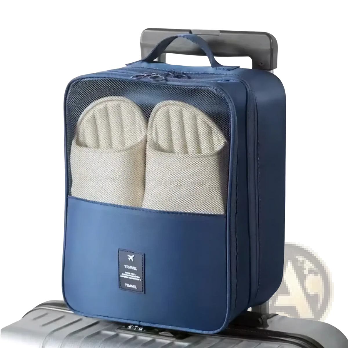Blue fabric travel shoe bag portable mesh organizer with mesh front panel and black travel label on lower section