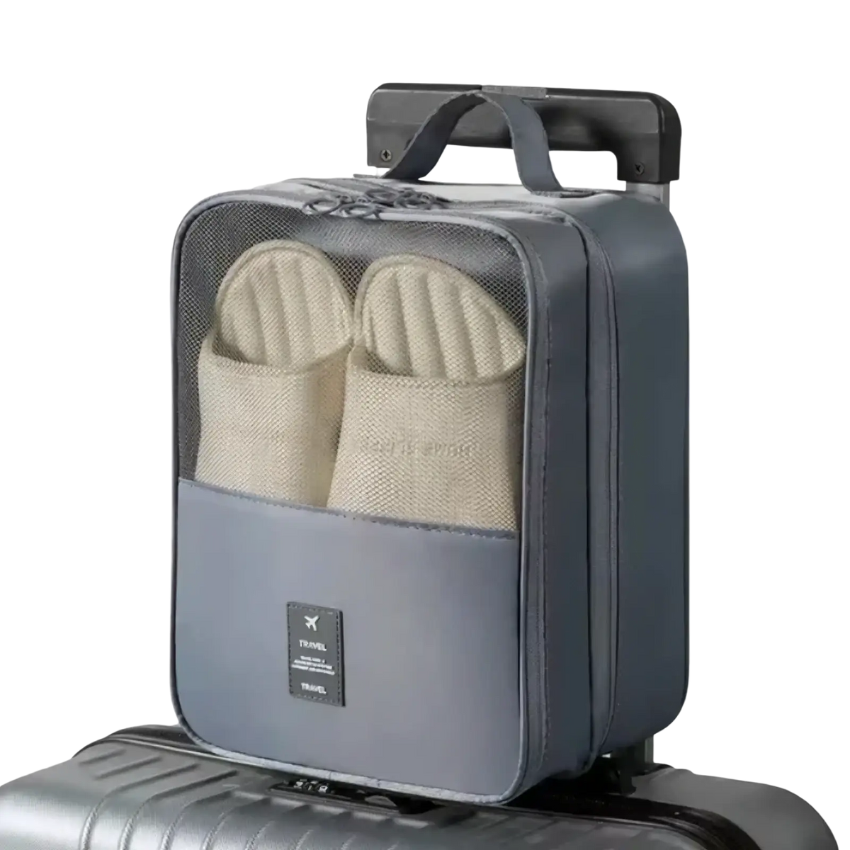 Gray fabric travel shoe bag portable mesh organizer with front mesh panel black handle and small rectangular label