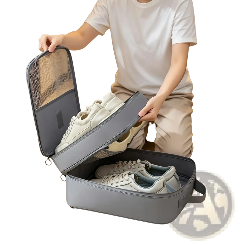 Gray rectangular travel shoe bag portable mesh organizer with mesh and solid fabric compartments and top handle