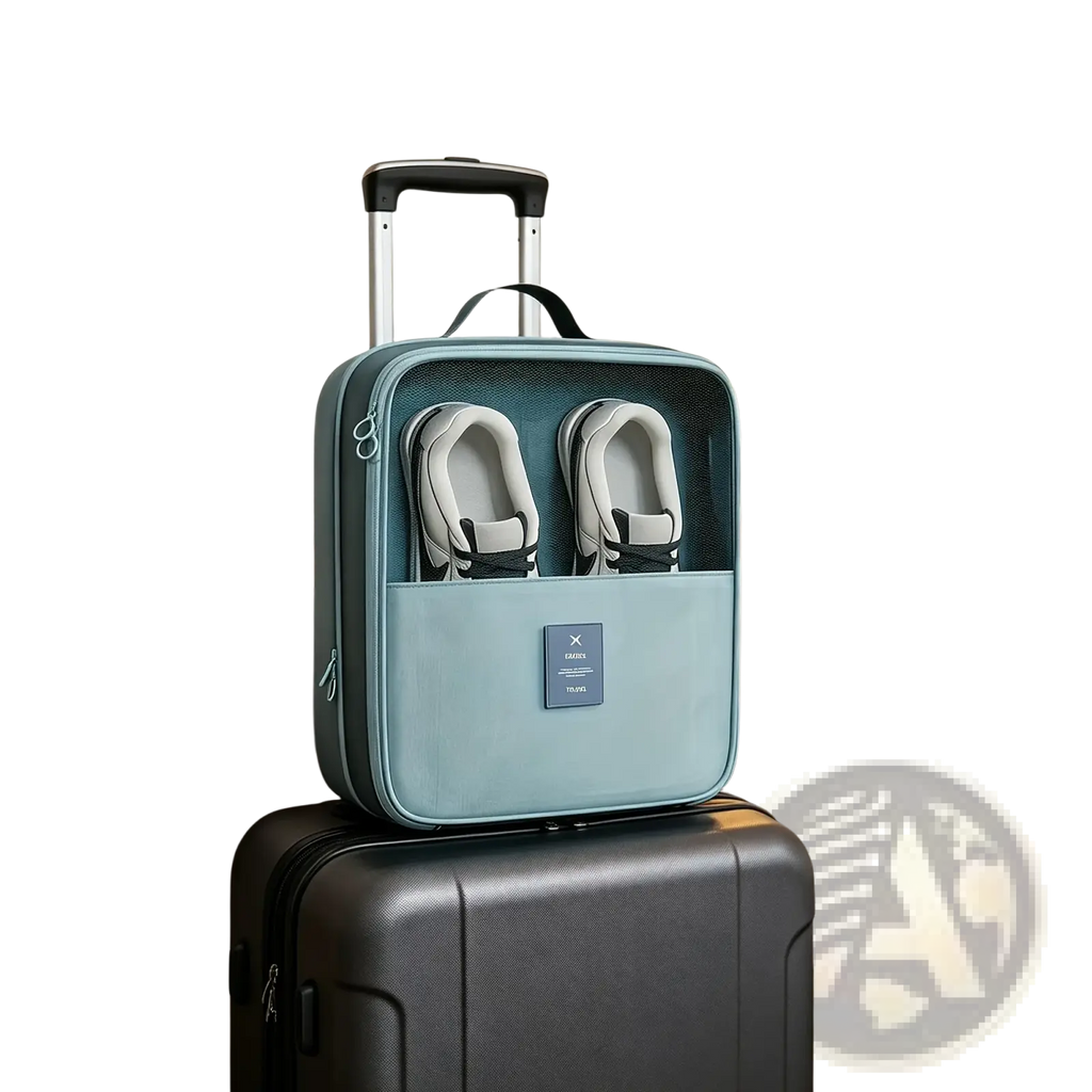 Light blue mesh travel shoe bag with top handle and front pocket designed to fit neatly atop a suitcase