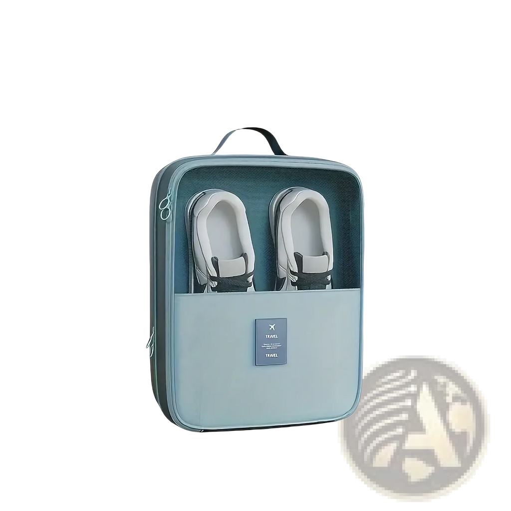 A light blue travel shoe bag portable mesh organizer with a black handle and zipper closure rectangular shape