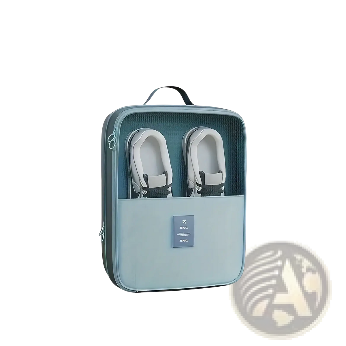 A light blue travel shoe bag portable mesh organizer with a black handle and zipper closure rectangular shape