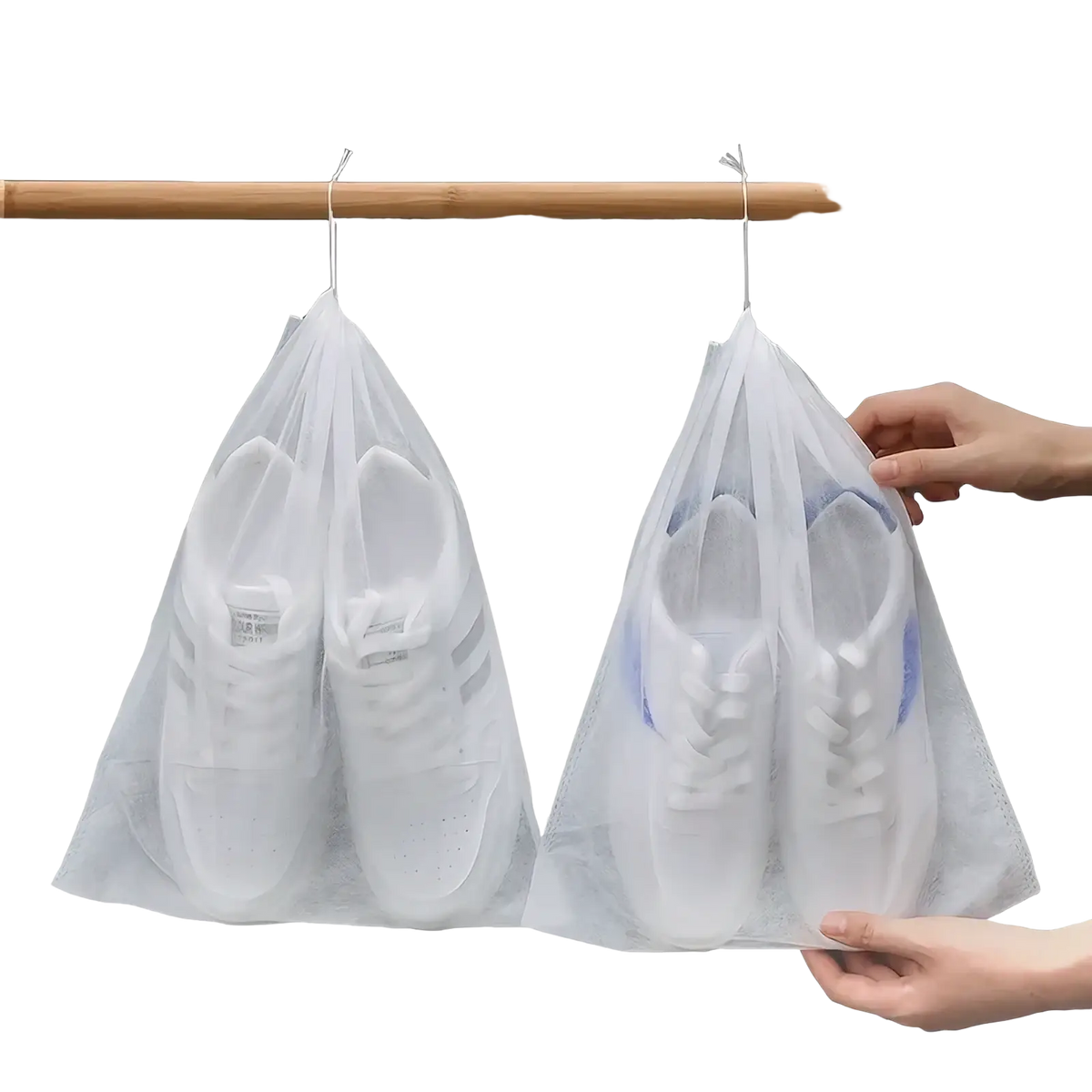 Transparent mesh travel shoe bags with white drawstrings and metal hooks 10pcs for organized storage