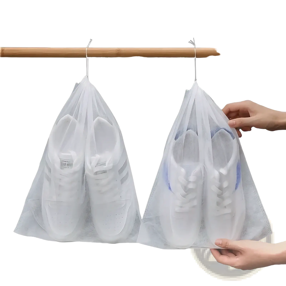 Transparent mesh travel shoe bags with white drawstrings and metal hooks 10pcs for organized storage