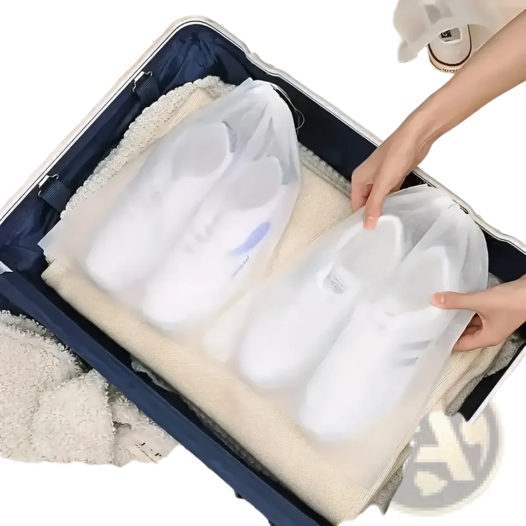Transparent plastic travel shoe bags with reinforced seams and subtle blue logo drawstring organizers 10pcs