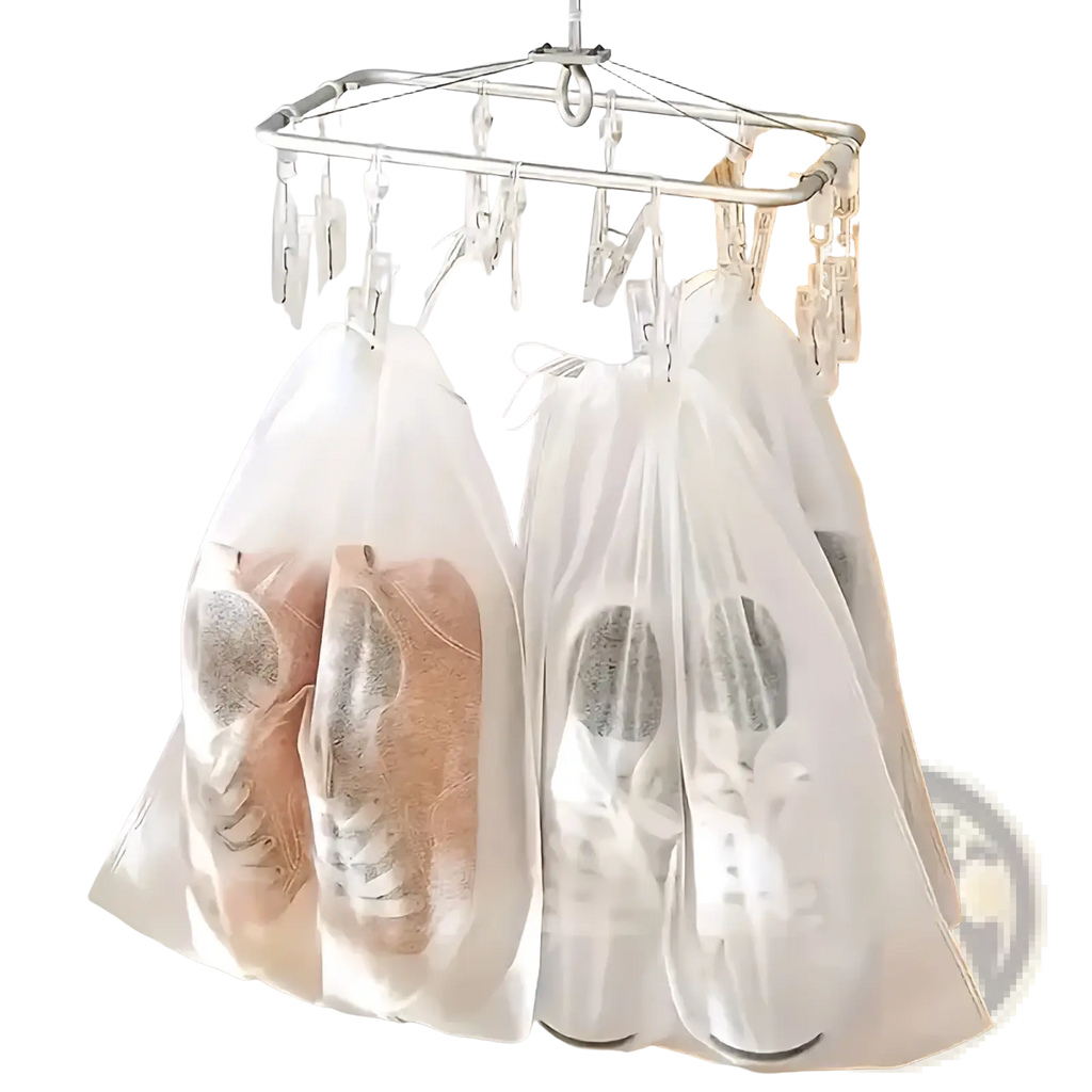 Transparent white mesh travel shoe bags with drawstring organizers hanging on a metal rack holding shoes