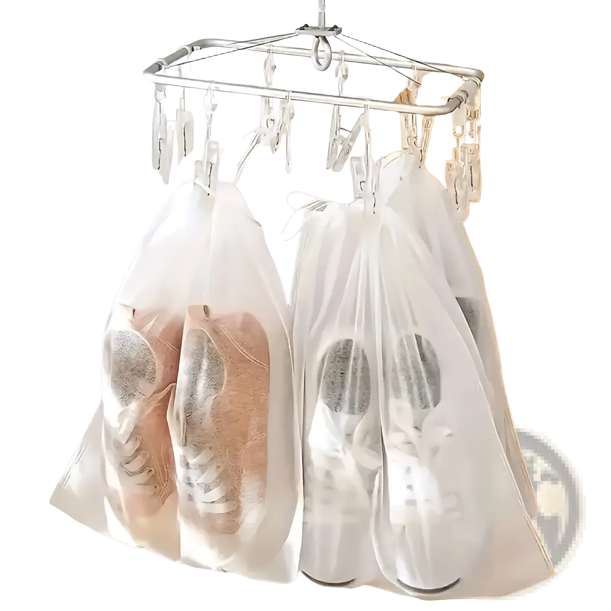 Transparent white mesh travel shoe bags with drawstring organizers hanging on a metal rack holding shoes
