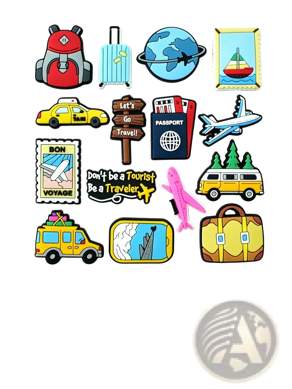 Travel-themed silicone pvc shoe charms in assorted colors including backpack, suitcase, airplane, and globe designs