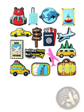 Travel-themed silicone pvc shoe charms in assorted colors including backpack, suitcase, airplane, and globe designs