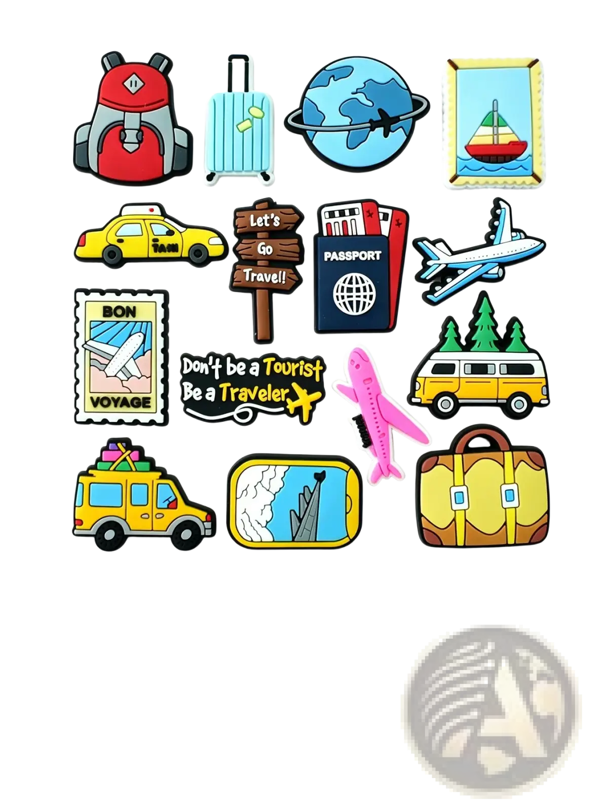 Travel-themed silicone pvc shoe charms in assorted colors including backpack, suitcase, airplane, and globe designs