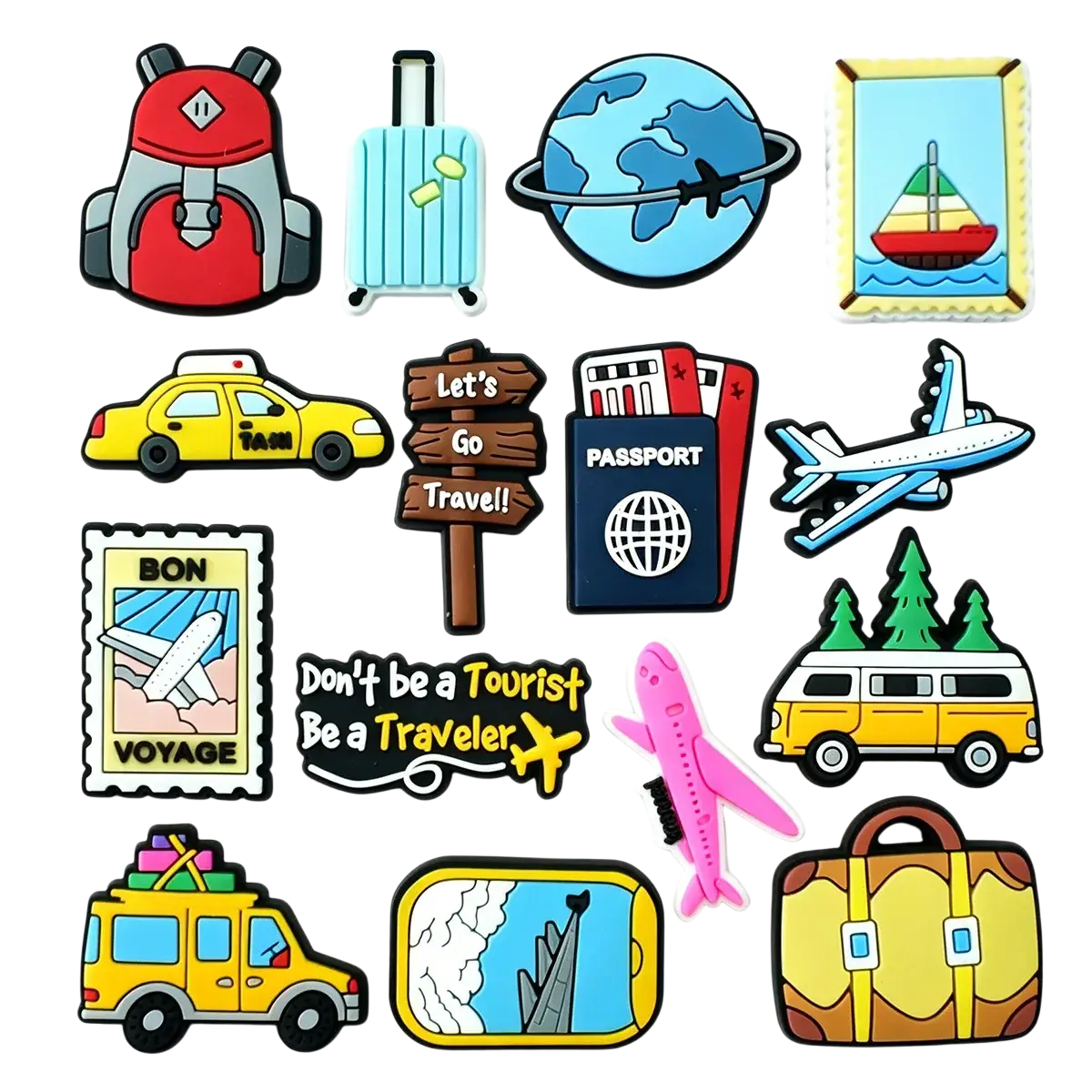 A collection of colorful pvc travel shoe charms featuring backpacks suitcases airplanes and passport designs